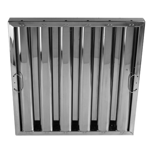 A close-up of a white rectangular aluminum hood filter with a black border.