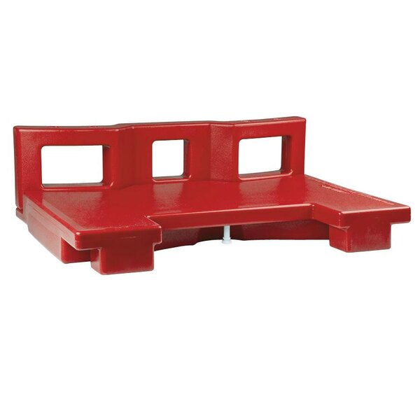 A red plastic Cambro connector bench with two square holes.