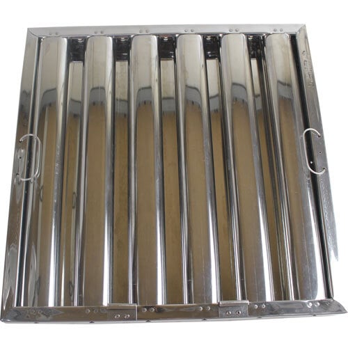 A close-up of a stainless steel hood filter with a metal grid.