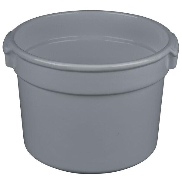 A gray round container with handles.