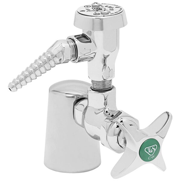 A silver T&S lab faucet with a green handle.