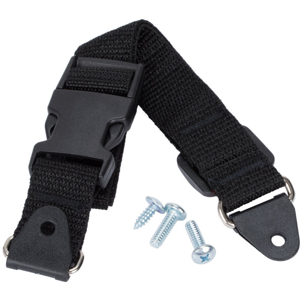 A black Koala Kare baby changing station strap with two screws.