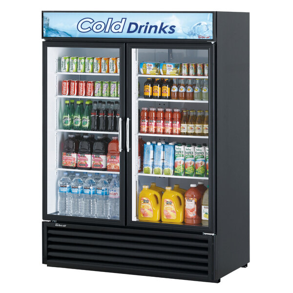 A Turbo Air black two glass door refrigerator with drinks and beverages inside.