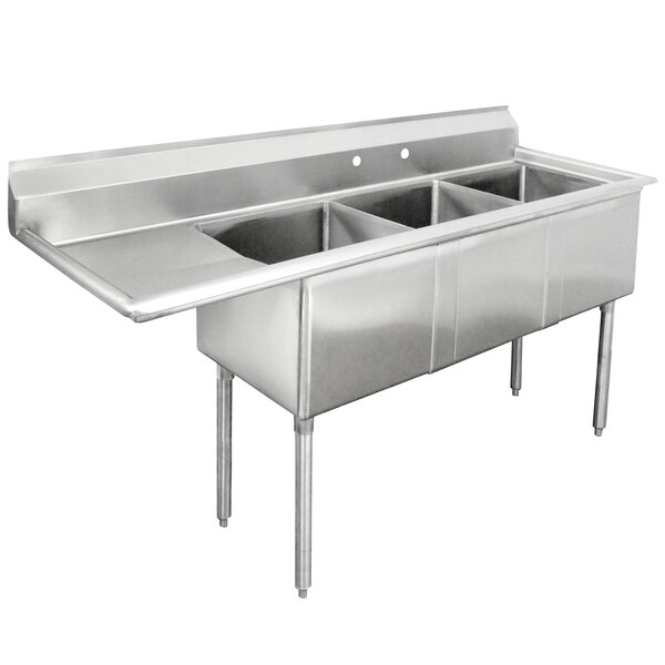 A stainless steel Advance Tabco three compartment commercial sink with left drainboard.
