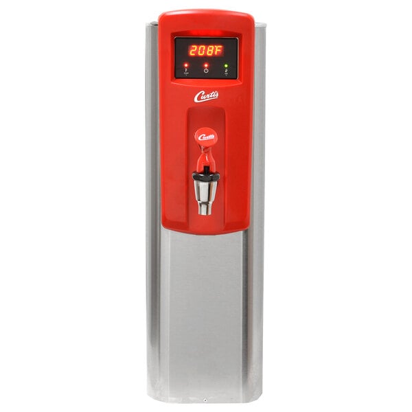 A red and silver Curtis hot water dispenser with a digital display.