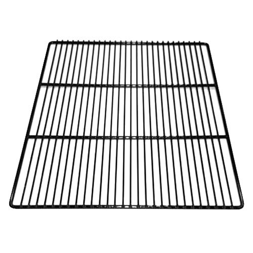A black coated wire shelf with a grid on top.