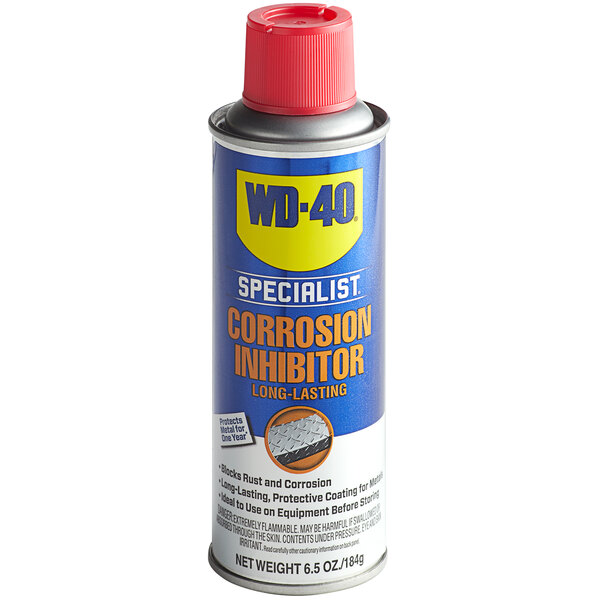 A blue metal can of WD-40 Long-Term Corrosion Inhibitor with yellow and orange text and a red cap.