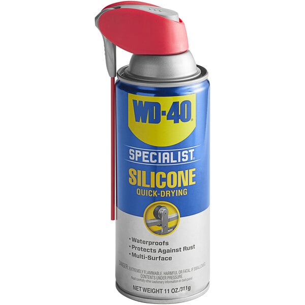 A blue can of WD-40 Specialist Water Resistant Silicone Lubricant Spray with yellow text on the label.