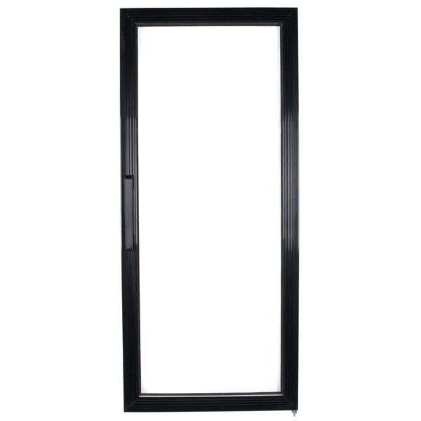 A black rectangular door with a white rectangular frame.