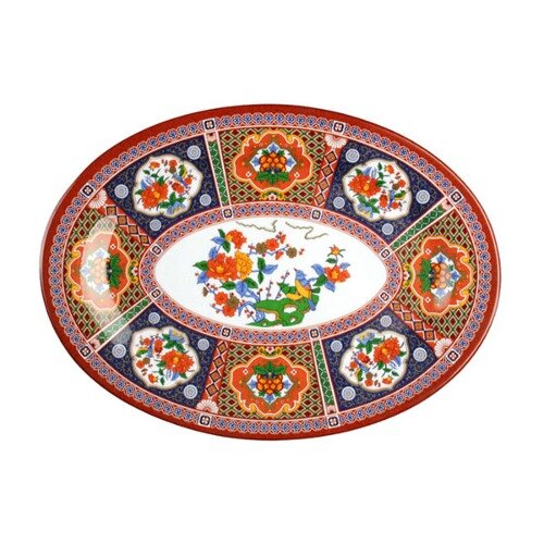 A colorful Thunder Group oval melamine platter with a floral design.