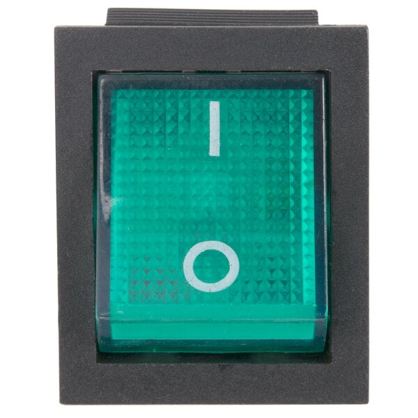 A green square with a white circle on it.