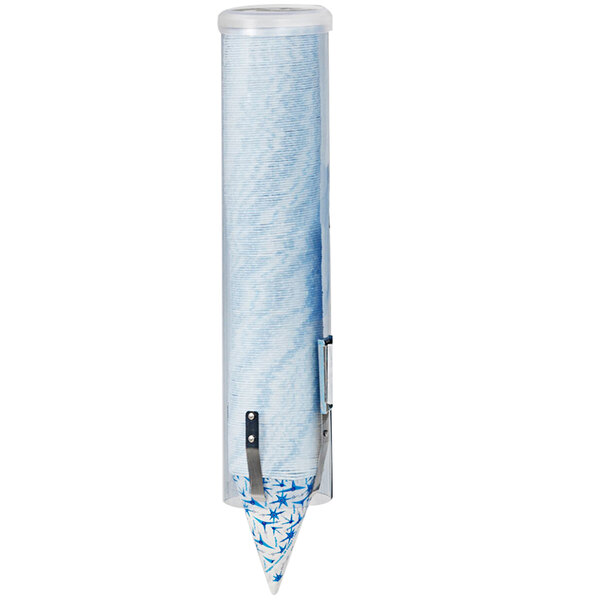 A Paragon snow cone cup dispenser with blue and white packaging.