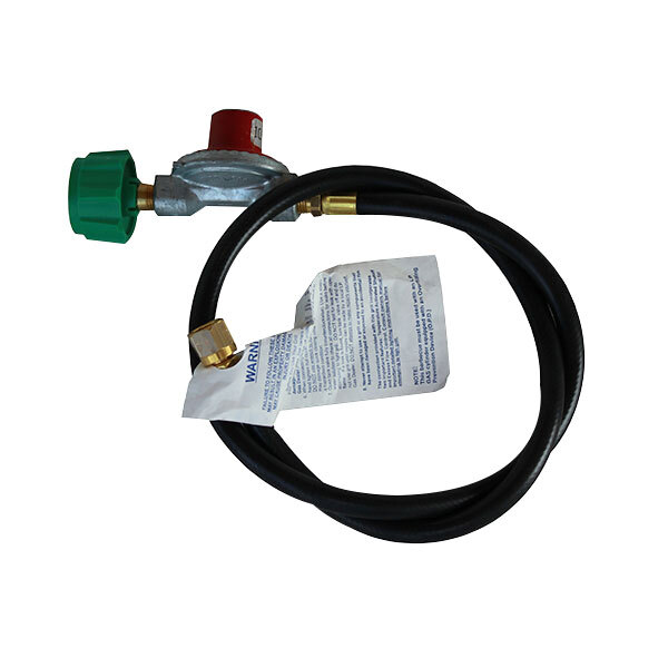 A green R & V Works gas hose and regulator with a gold nut.