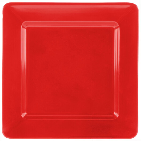 A red square GET Melamine plate with a square edge.