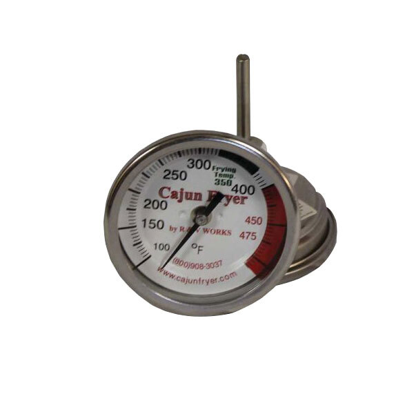 A close-up of an R & V Works fryer thermometer with a red and white dial.