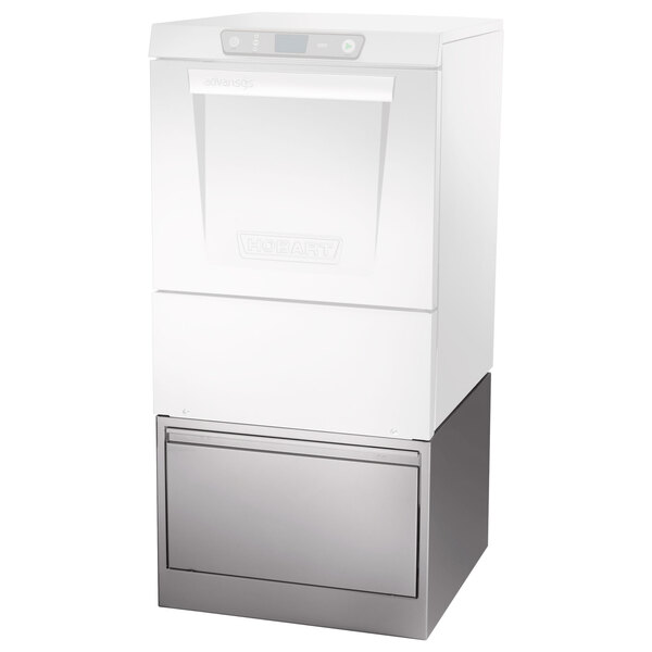 A white rectangular stand for a Hobart LXe series dishwasher.