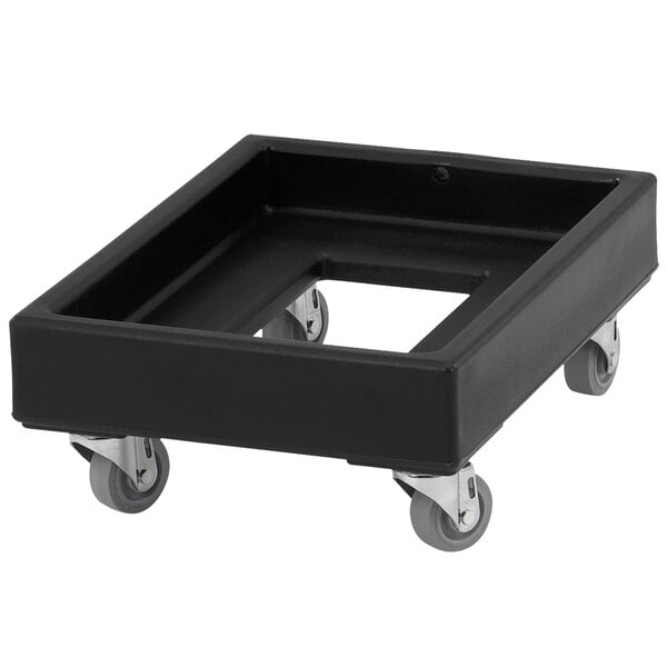 A black plastic Cambro milk crate dolly with wheels.