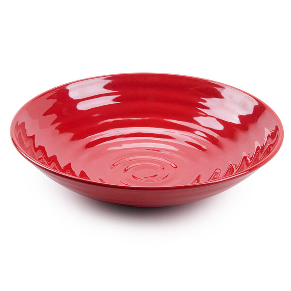 A red GET Melamine bowl with ripples.