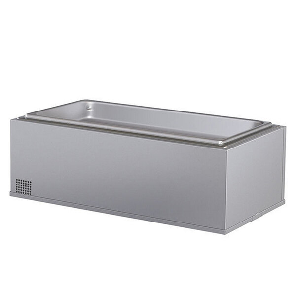 A rectangular stainless steel Hatco drop-in hot food well with a lid.