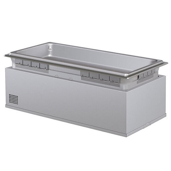 A Hatco drop-in hot food well with a metal lid inside a large rectangular stainless steel container.