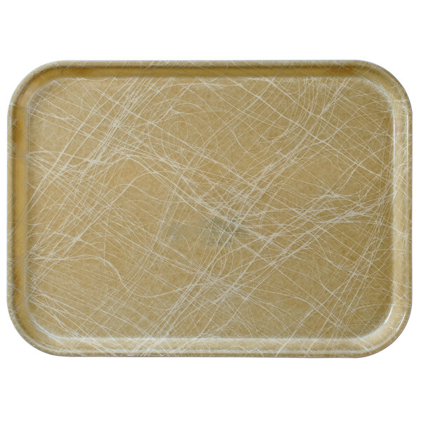 A rectangular tan Cambro tray with scratches on the surface.