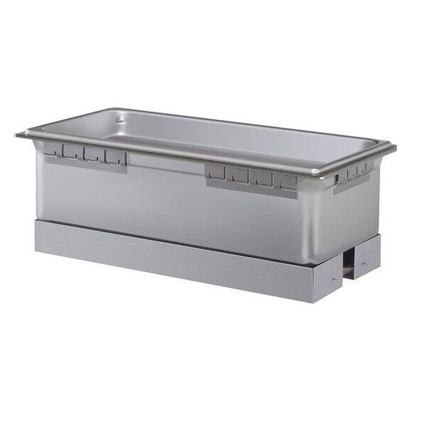 A large metal Hatco drop-in hot food well with a lid.