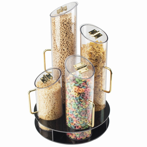 A Cal-Mil cereal dispenser filled with cereal on a hotel buffet counter.