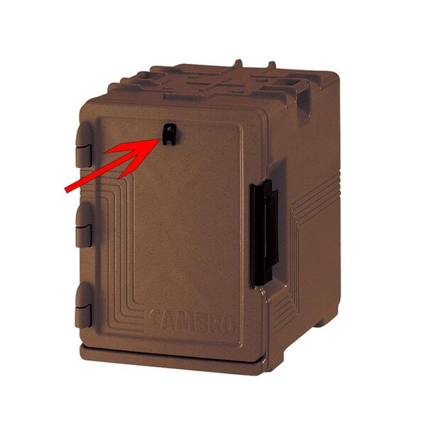 A brown box with a black handle and a red arrow pointing to the side for a Cambro H06011 Replacement Menu Clip Kit.
