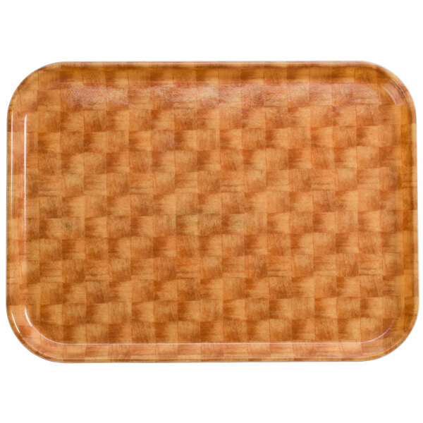 A close-up of a rectangular brown Cambro tray with a basketweave pattern.