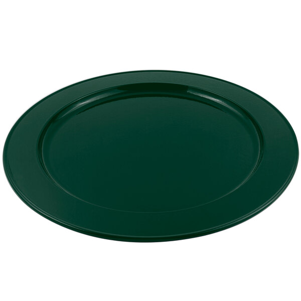 A hunter green round platter with a sandstone finish and a round rim.