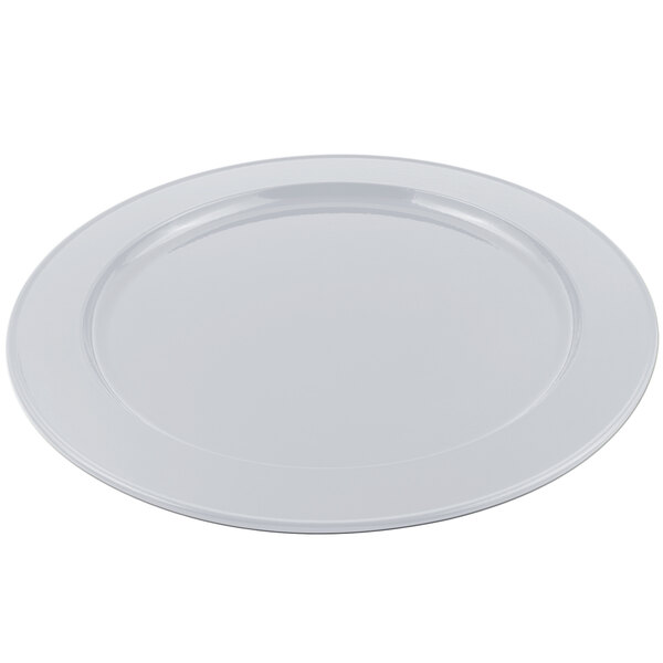 A round pewter-glo Bon Chef platter with a white rim.