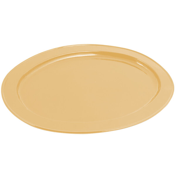 A Bon Chef cast aluminum oval platter with a sandstone finish and a yellow rim.