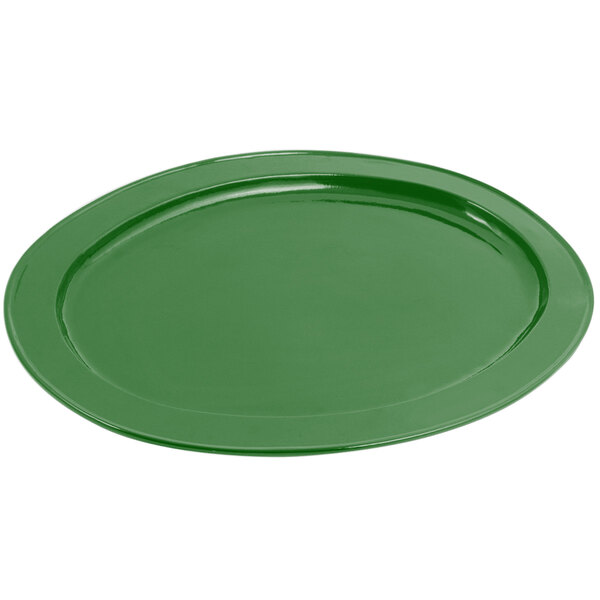 A green Bon Chef cast aluminum oval platter with a sandstone finish on a white surface.