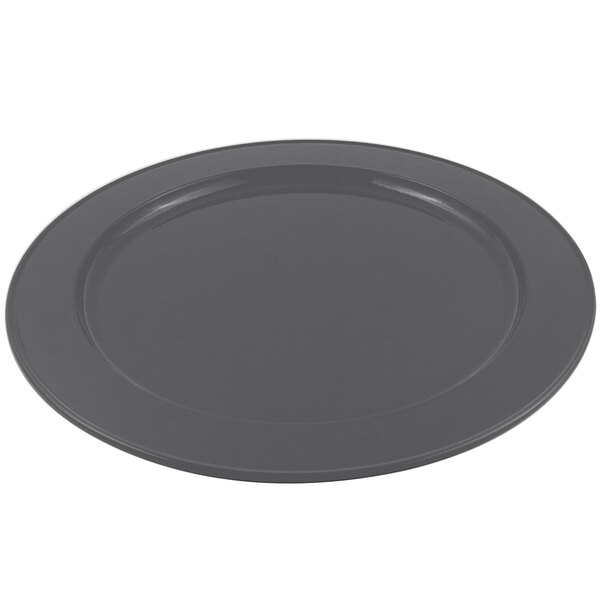 A smoke gray Bon Chef cast aluminum round platter with a black rim.