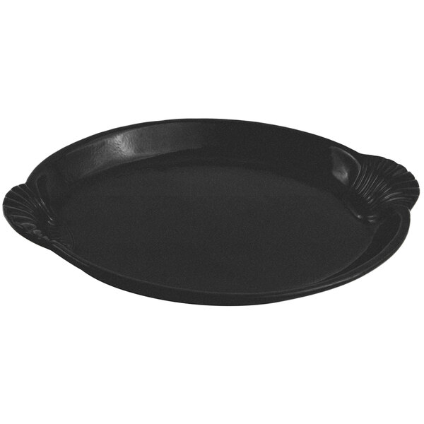 A black Bon Chef shell and fish platter with a sandstone finish and decorative design.
