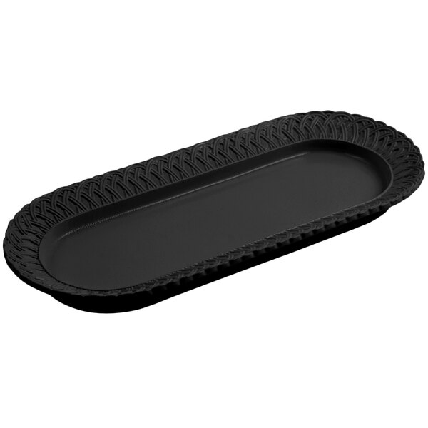 A black oval cast aluminum fish platter with a trellis design.