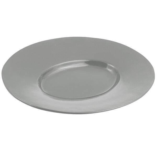 A Bon Chef platinum gray cast aluminum platter with a wide rim.