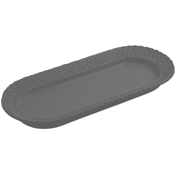 A smoke gray rectangular cast aluminum fish platter with a trellis design.