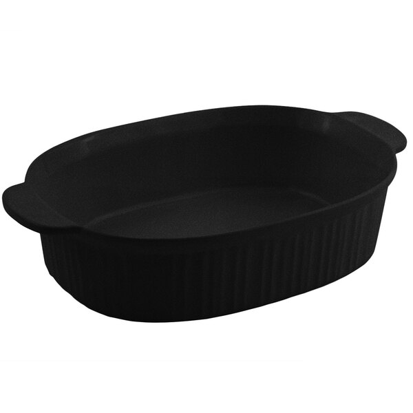A black oval shaped Bon Chef casserole dish with a lid.