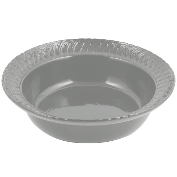 A Bon Chef platinum gray cast aluminum bowl with a trellis design.