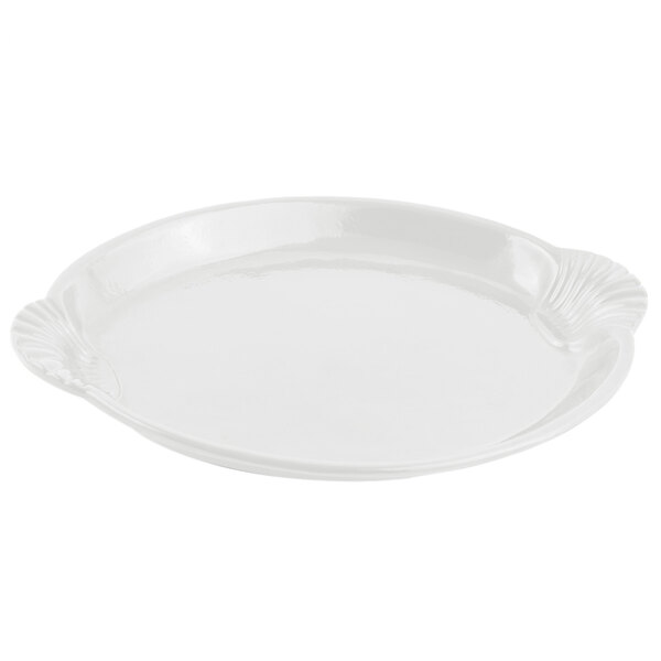 A white Bon Chef cast aluminum shell and fish platter with handles.