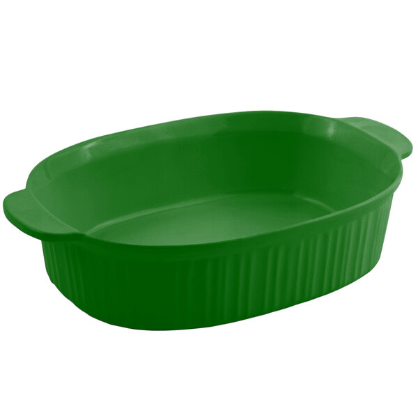 A green Bon Chef oval casserole dish with a handle.
