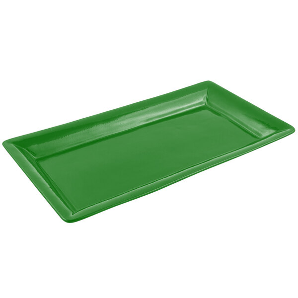 A green rectangular Bon Chef display pan with a sandstone finish.