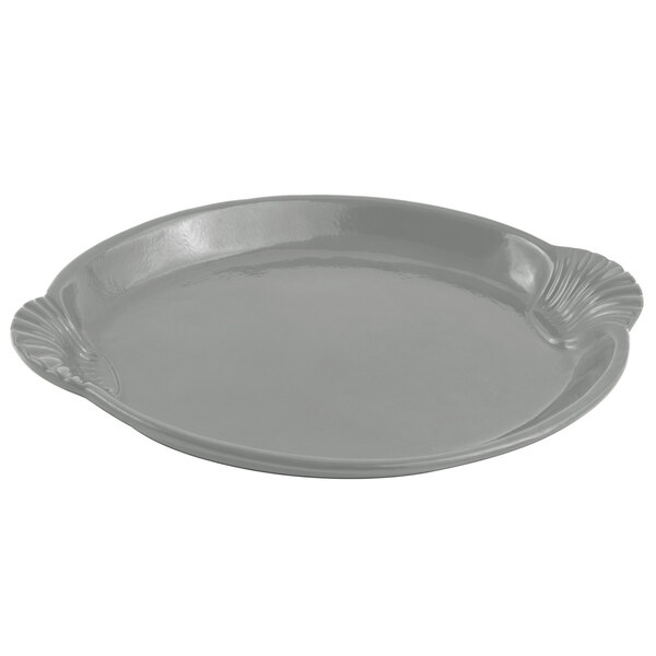 A gray Bon Chef cast aluminum shell and fish platter with a scalloped edge.