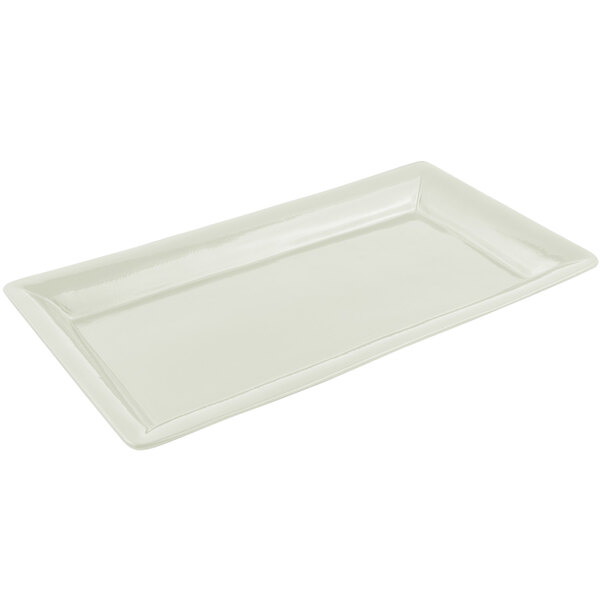 A white rectangular Bon Chef display pan with a rectangle edge.