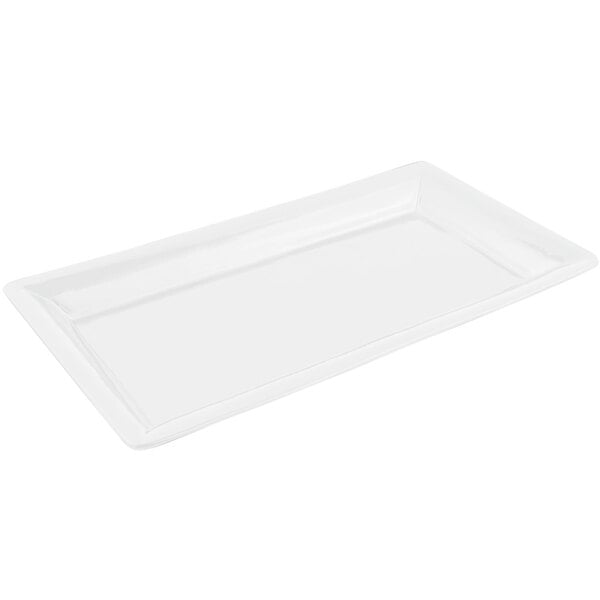 A white rectangular Bon Chef tray with a sandstone finish and handles.