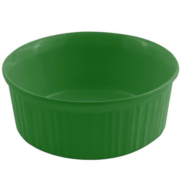 A green Bon Chef casserole dish with a lid.