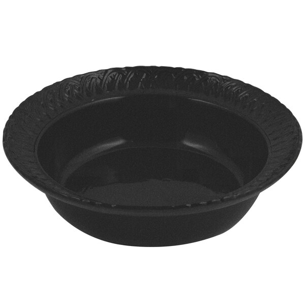 A black Bon Chef cast aluminum bowl with a decorative edge.