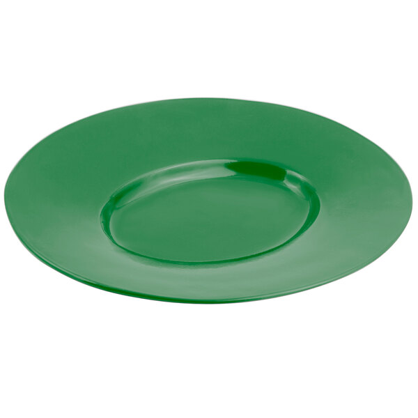 A round green Bon Chef cast aluminum platter with a wide rim.