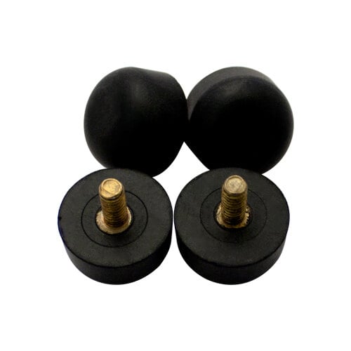 A pair of black rubber feet with gold screws.